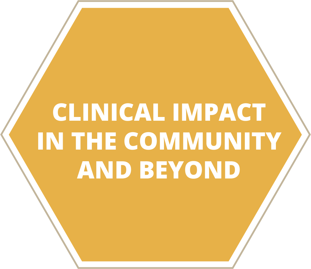Yellow hexagon with text Clinical Impact in the Community and Beyond